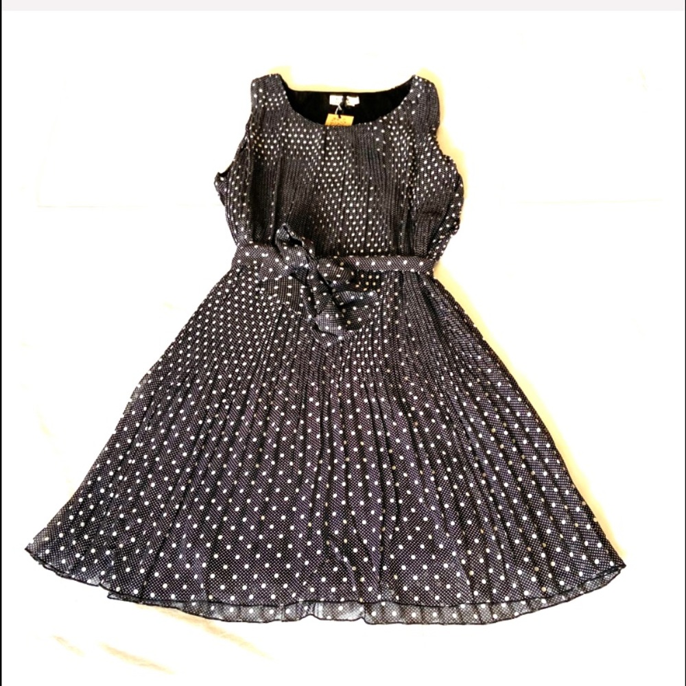 NWT Black Pleated White Dot Dress
